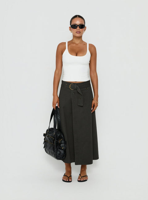 Styled True Visions Belted Maxi Skirt Charcoal womens-skirts in dark olive green maxi length Princess Polly