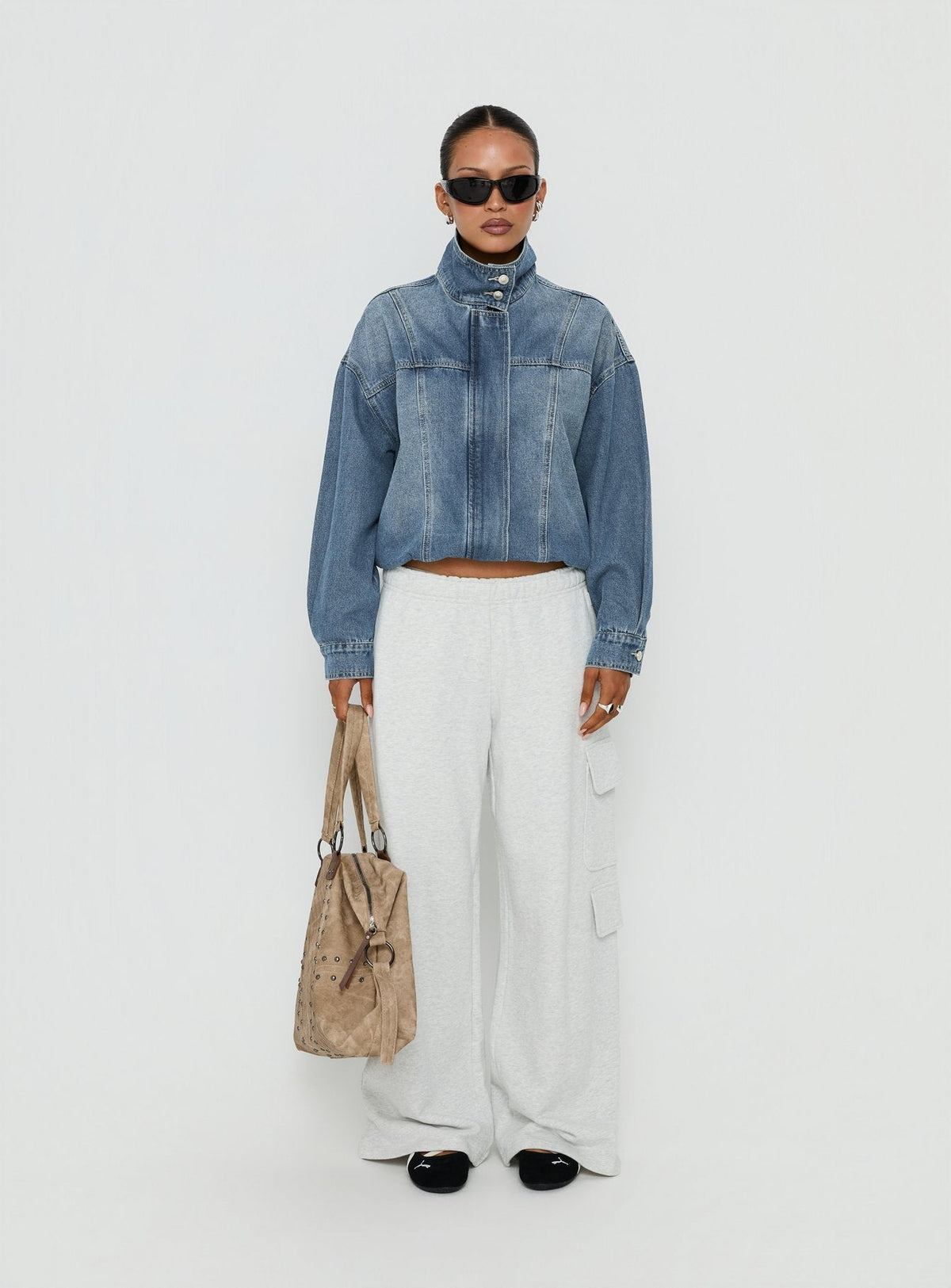 Alfea Bomberjacke aus Denim mit Trichterhals Mid Blue Wash