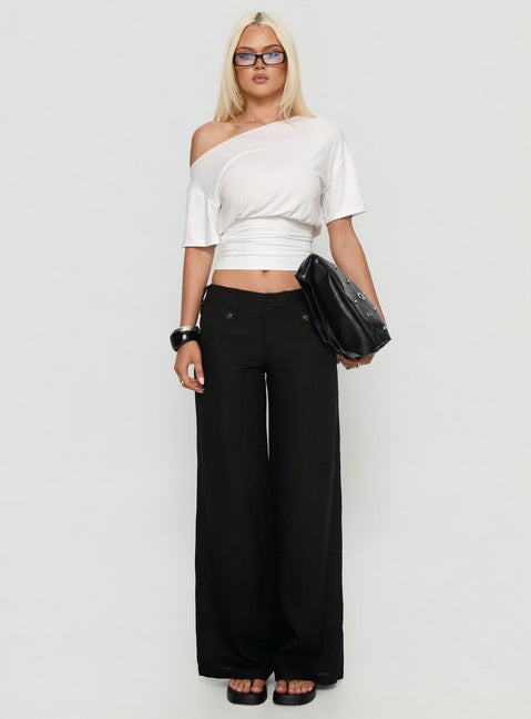front view of model wearing Princess Polly Pedra Wide Leg Pant Black Mid Rise Pants 