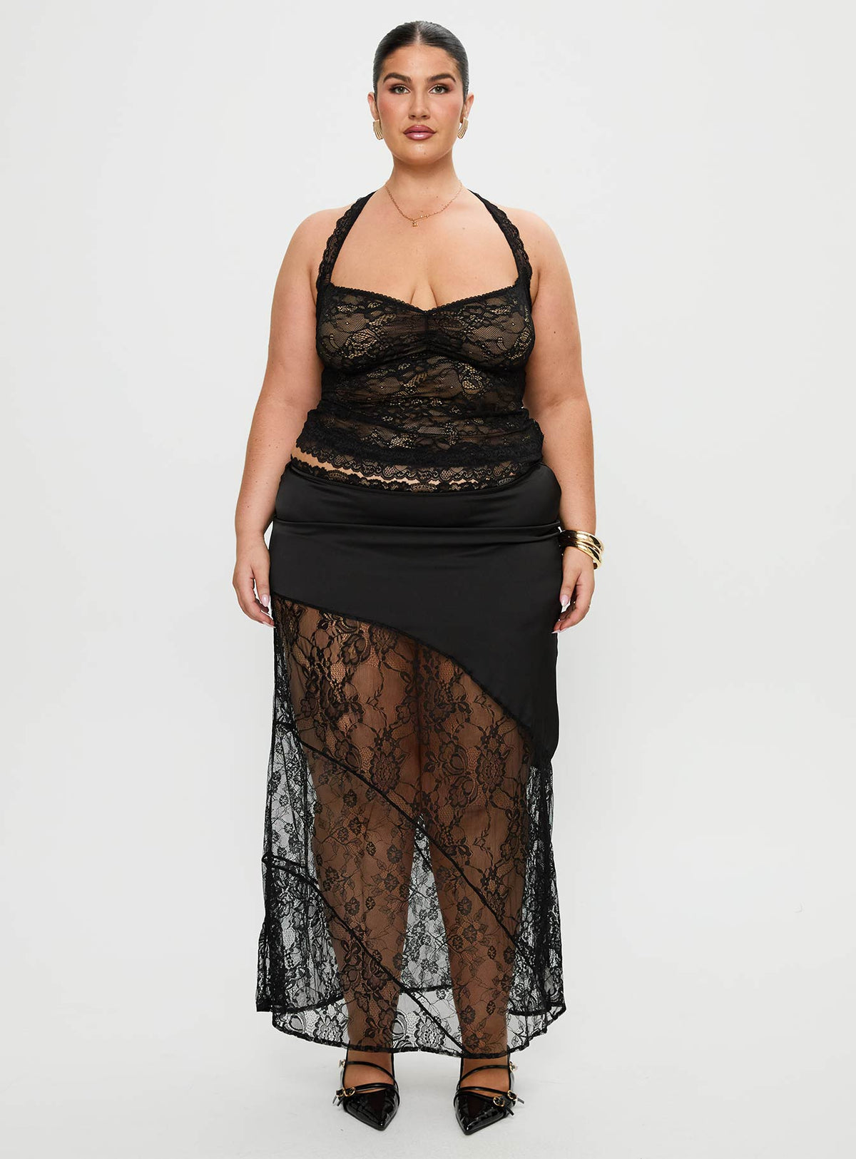 side view of model wearing Princess Polly Fantasize Lace Halter Top Black Curve Sleeveless Sweetheart 