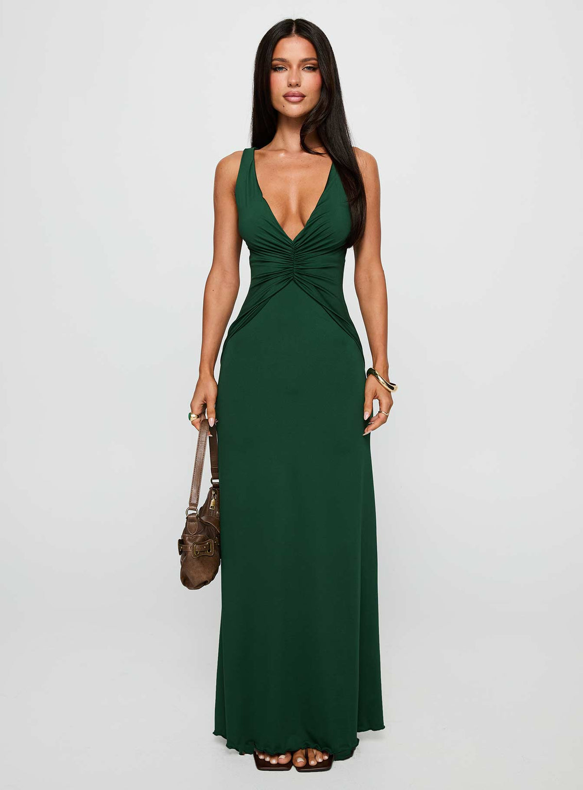 front view of model wearing Princess Polly Frederica Plunge Maxi Dress Forest Green Plunger 