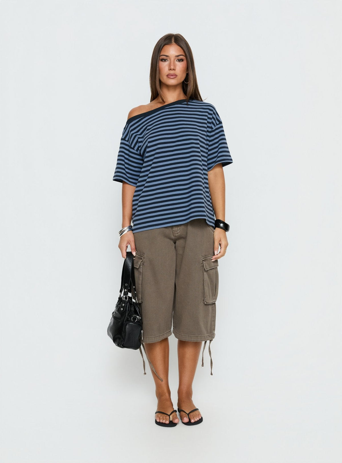 Settle Down One Shoulder Oberteil blaue Streifen