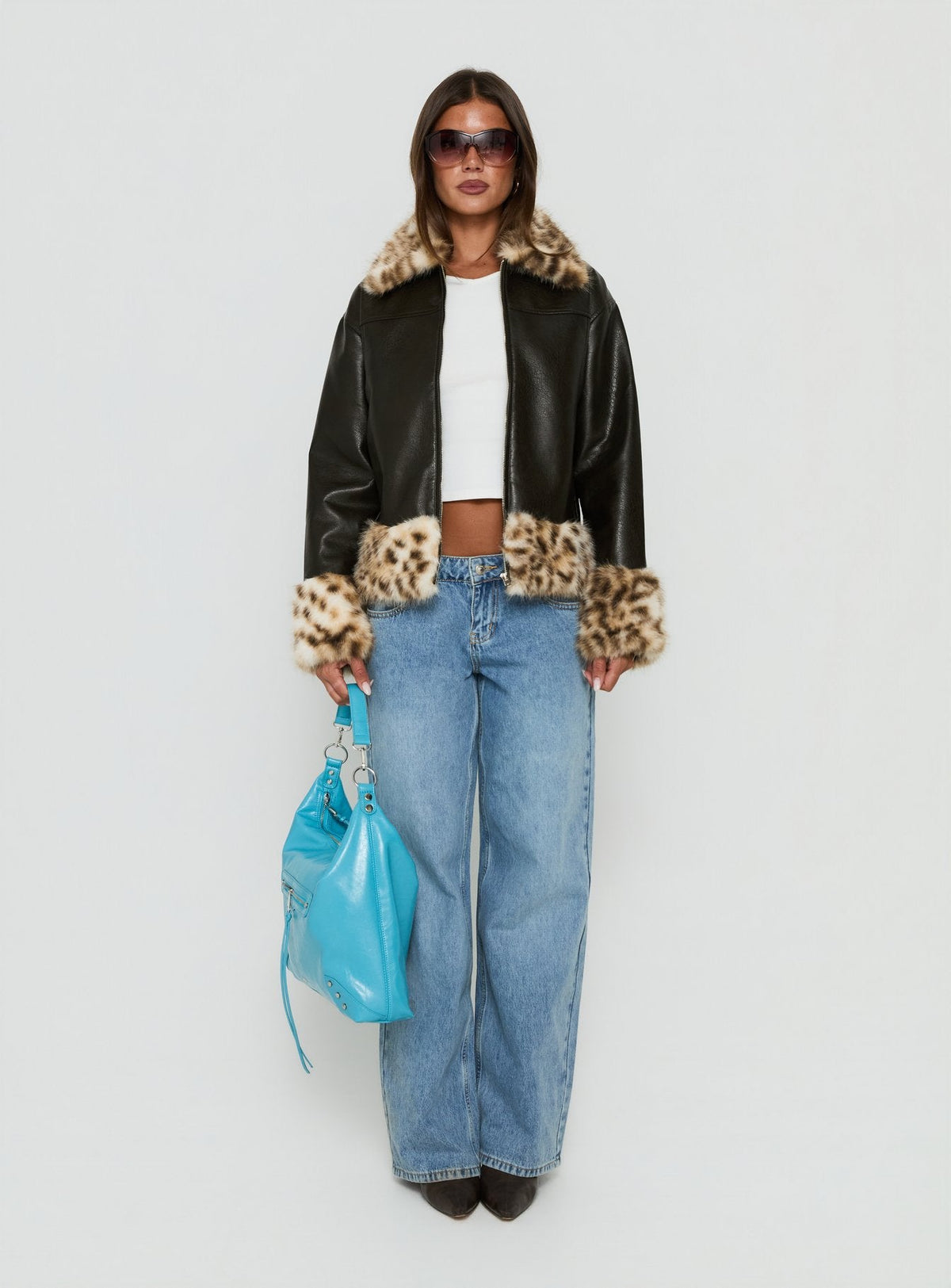 Stevvie Jacke mit Kunstpelzbesatz Schwarz / Leopard