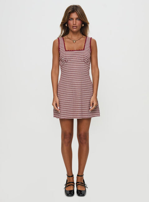 side view of model wearing Princess Polly Dasha Mini Dress Red Check Square Neck 
