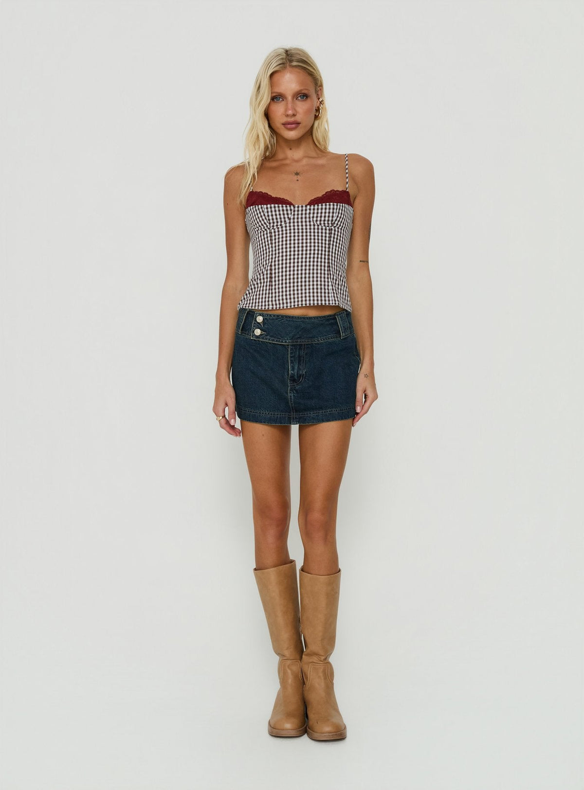 Baby Steps Gespleißtes Bustier-Detail Cami-Top mit braunem Vichykaro