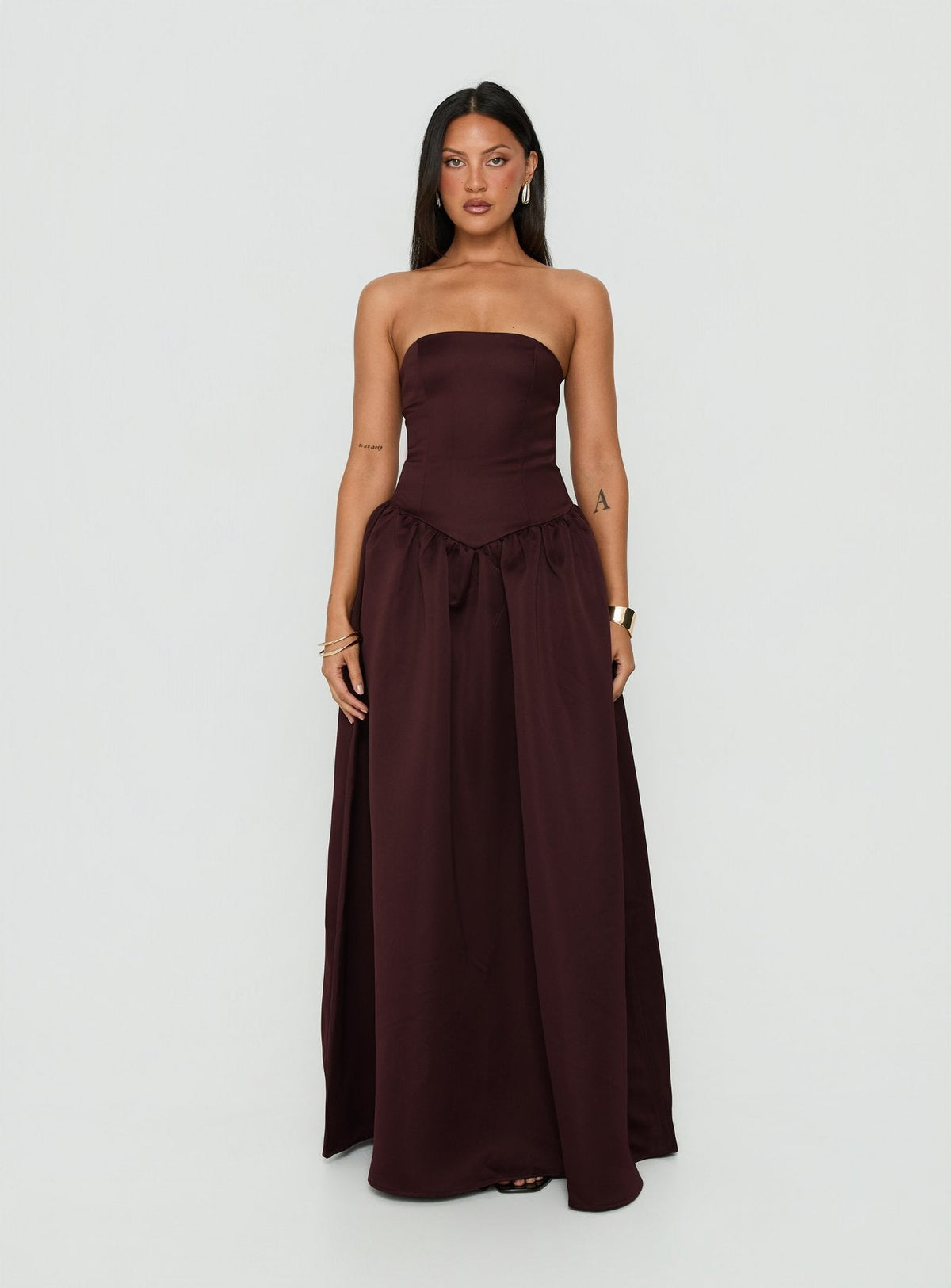 Soft Bloom Trägerloses Maxi-Kleid mit tiefer Taille in Schokobraun