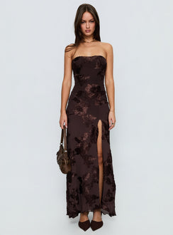 Maribeth trägerloses Maxikleid mit Blumenmuster Schokobraun