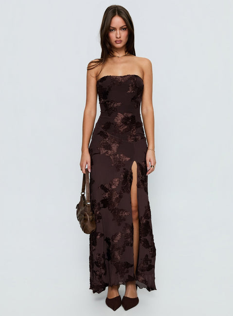 Maribeth trägerloses Maxikleid mit Blumenmuster Schokobraun