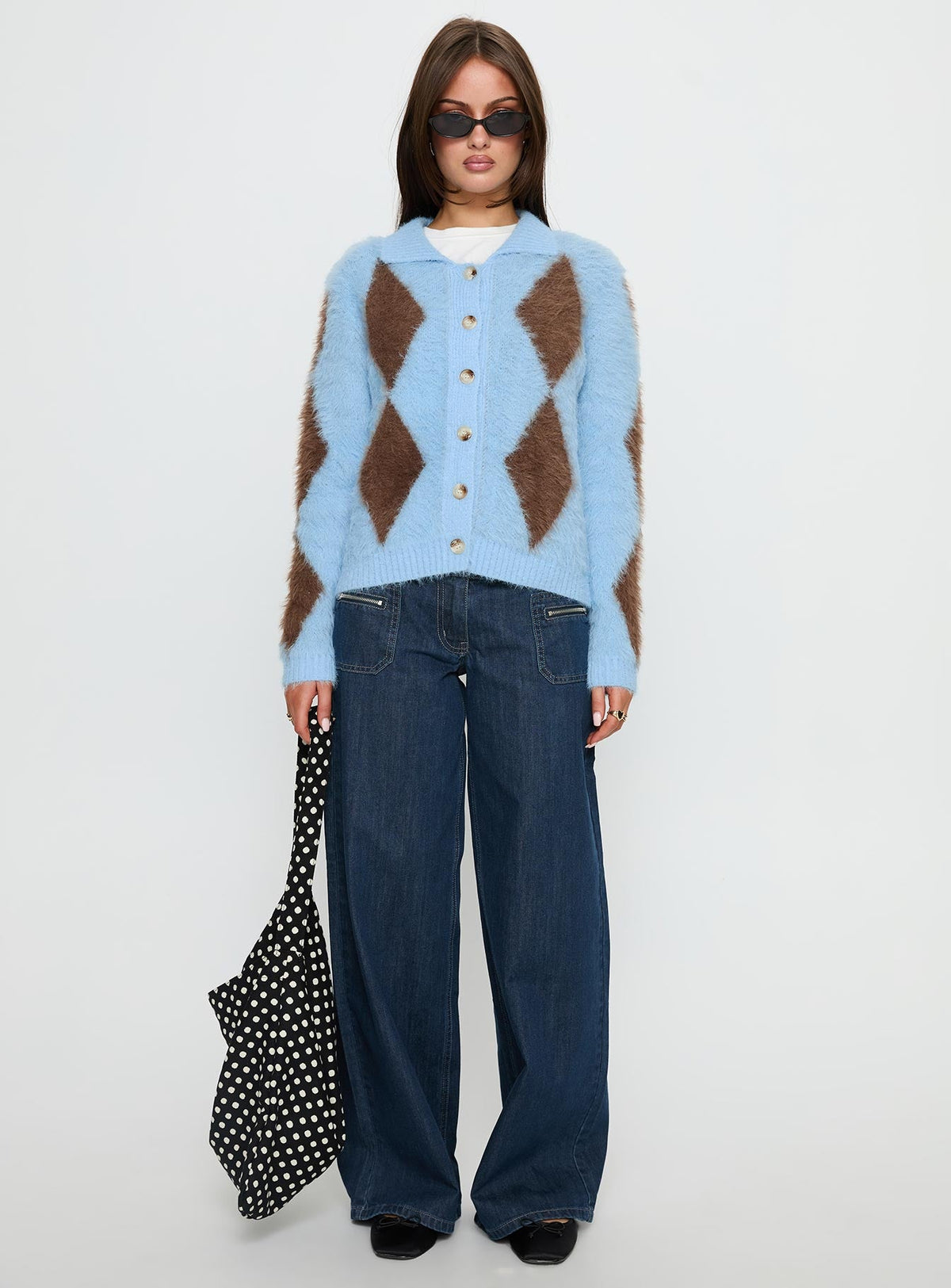 front view of model wearing Princess Polly Lynnsey Fluffy Collared Knit Sweater Blue Argyle Cropped 