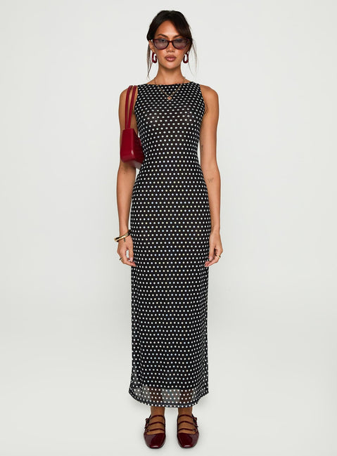front view of model wearing Princess Polly Top Of Mind Maxi Dress Black Crew Neck 