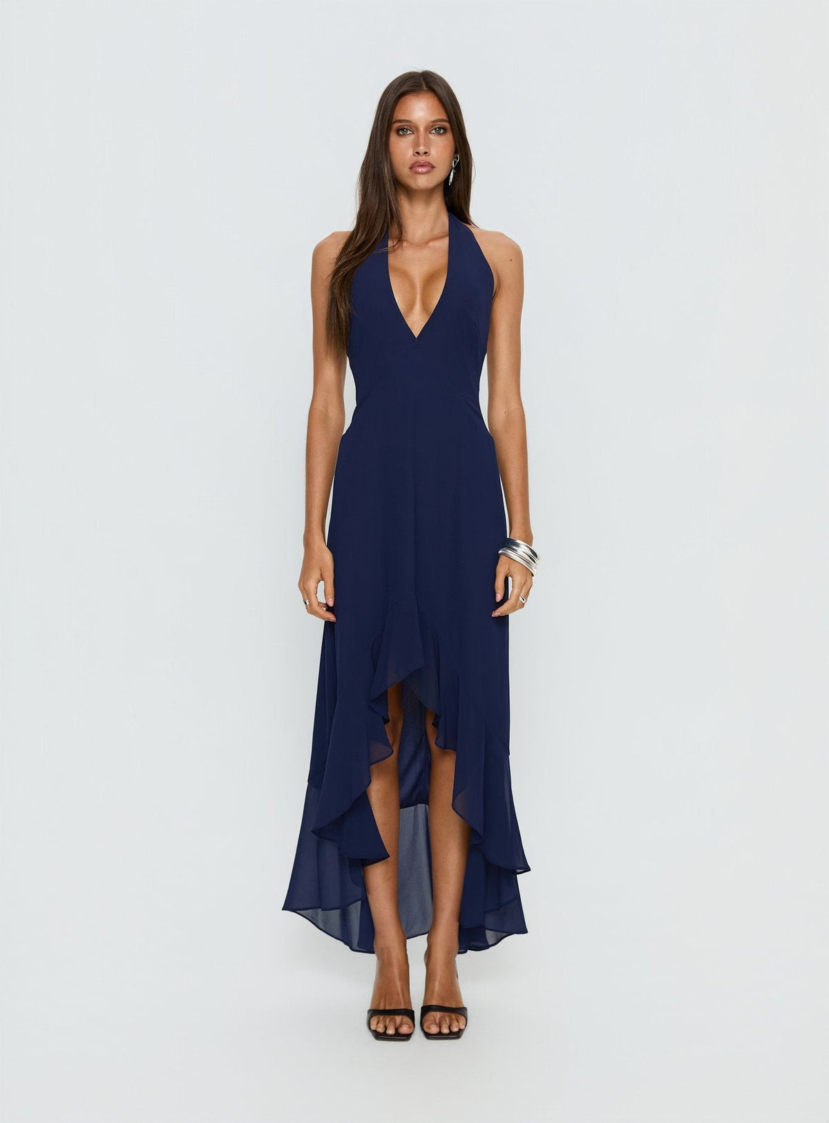 Agata Halter Neck Maxikleid mit Rüschen Navy