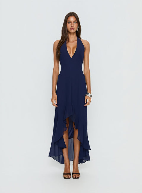 Agata Halter Neck Maxikleid mit Rüschen Navy