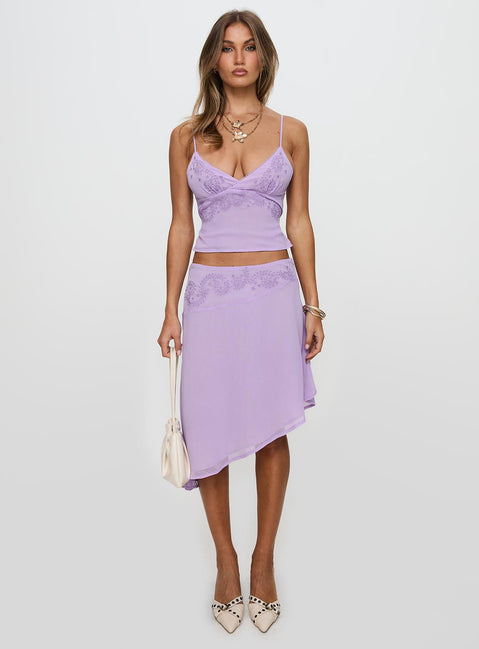   front view of model wearing Princess Polly Pappilion Asymmetrical Skirt Lilac 