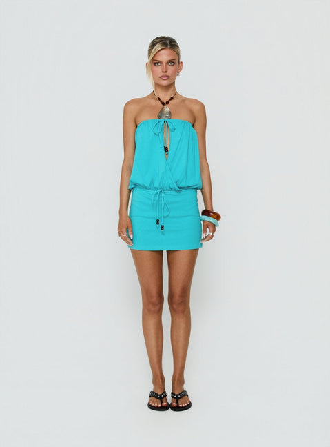 Upper Echelon Draped Ebene drapiertes trägerloses Minikleid Cyan
