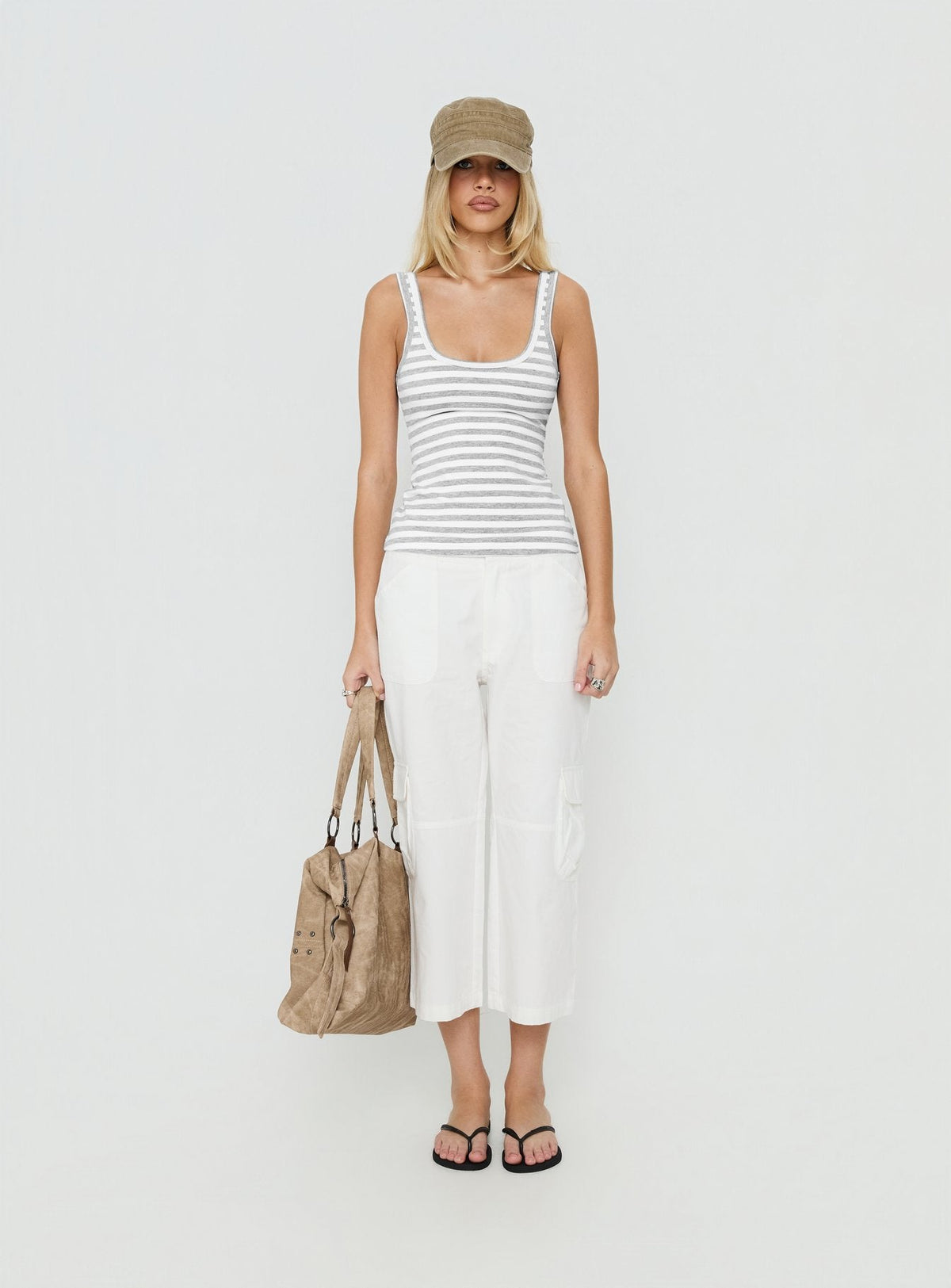 Keep It Light Low Back Vest Top Weiß / Grau gestreift