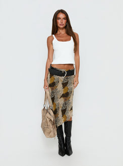 Showcasing the Suella Asymmetrical Midi Skirt Animal Multi in womens skirts with relaxed fit and wrap details front view of model wearing Princess Polly