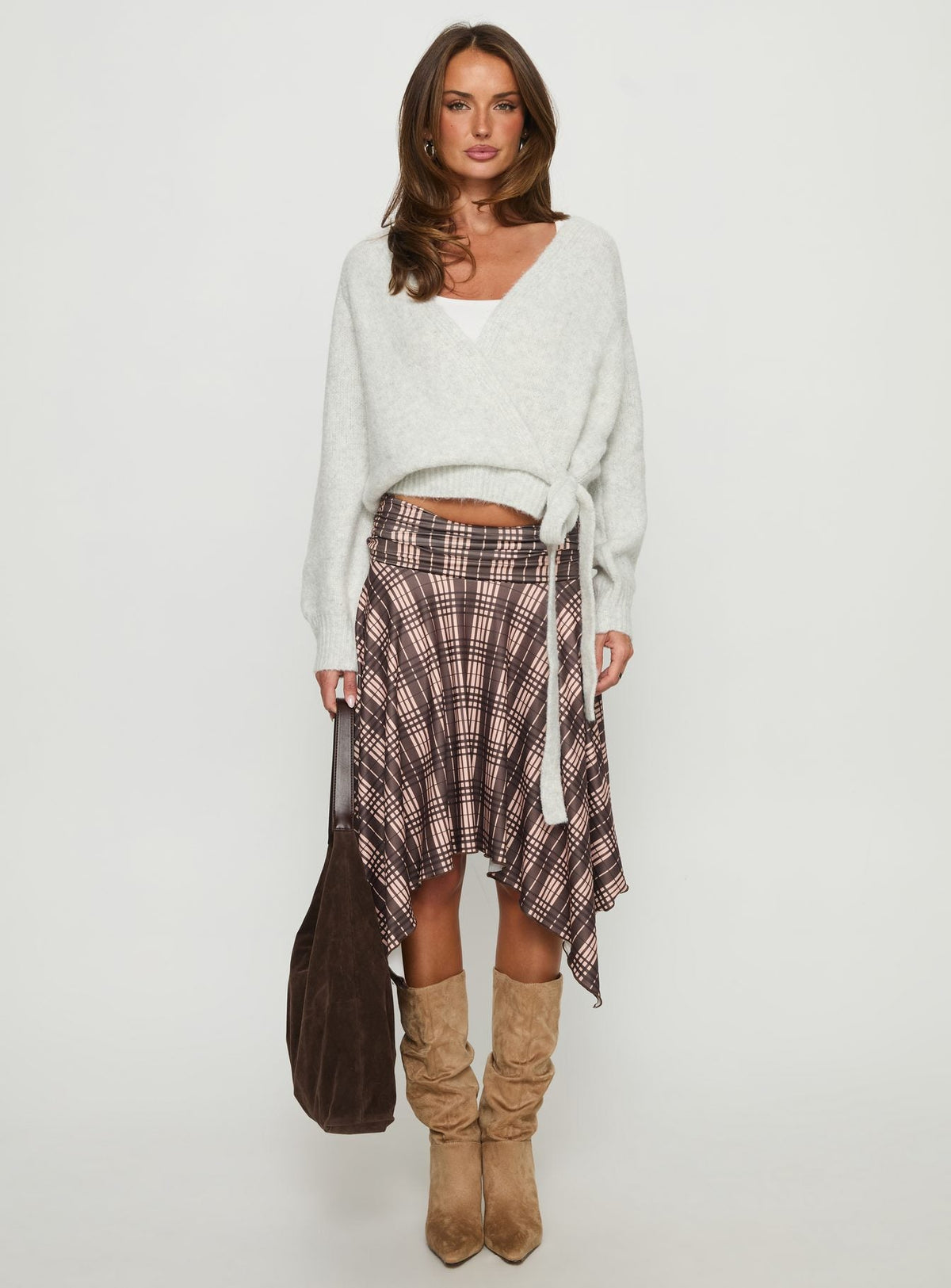front view of model wearing Princess Polly Daelan Wrap Knit Cardigan Grey Marle Cropped Jumpers Jumpers 