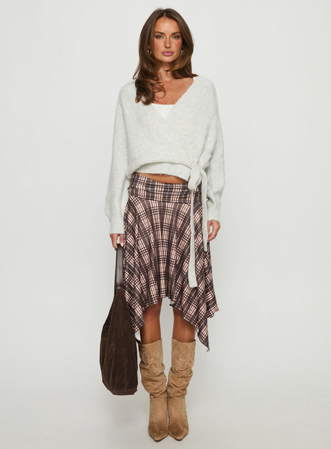 front view of model wearing Princess Polly Daelan Wrap Knit Cardigan Grey Marle Cropped Jumpers Jumpers 