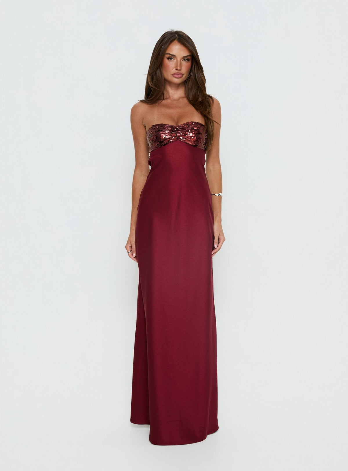 See The Vision Pailletten Bust Trägerloses Maxikleid Bordeauxrote
