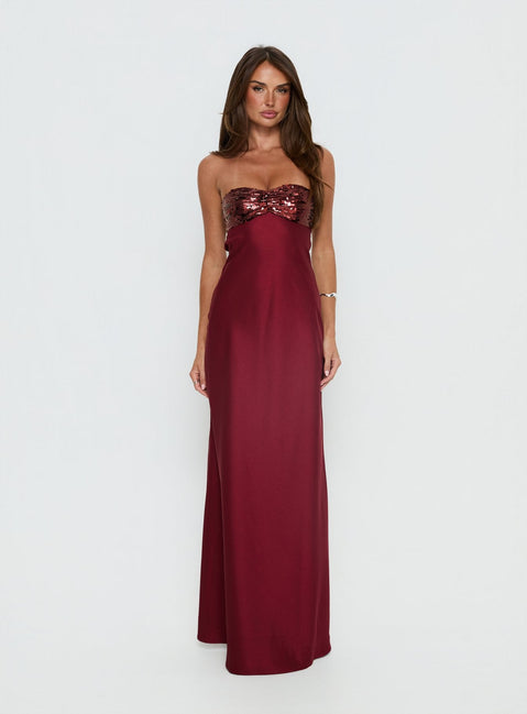 See The Vision Pailletten Bust Trägerloses Maxikleid Bordeauxrote