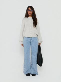 Showcasing the Edern Cardigan Light Grey Marle womens-jumpers in short oversized front view of model wearing