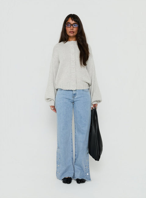 Showcasing the Edern Cardigan Light Grey Marle womens-jumpers in short oversized front view of model wearing
