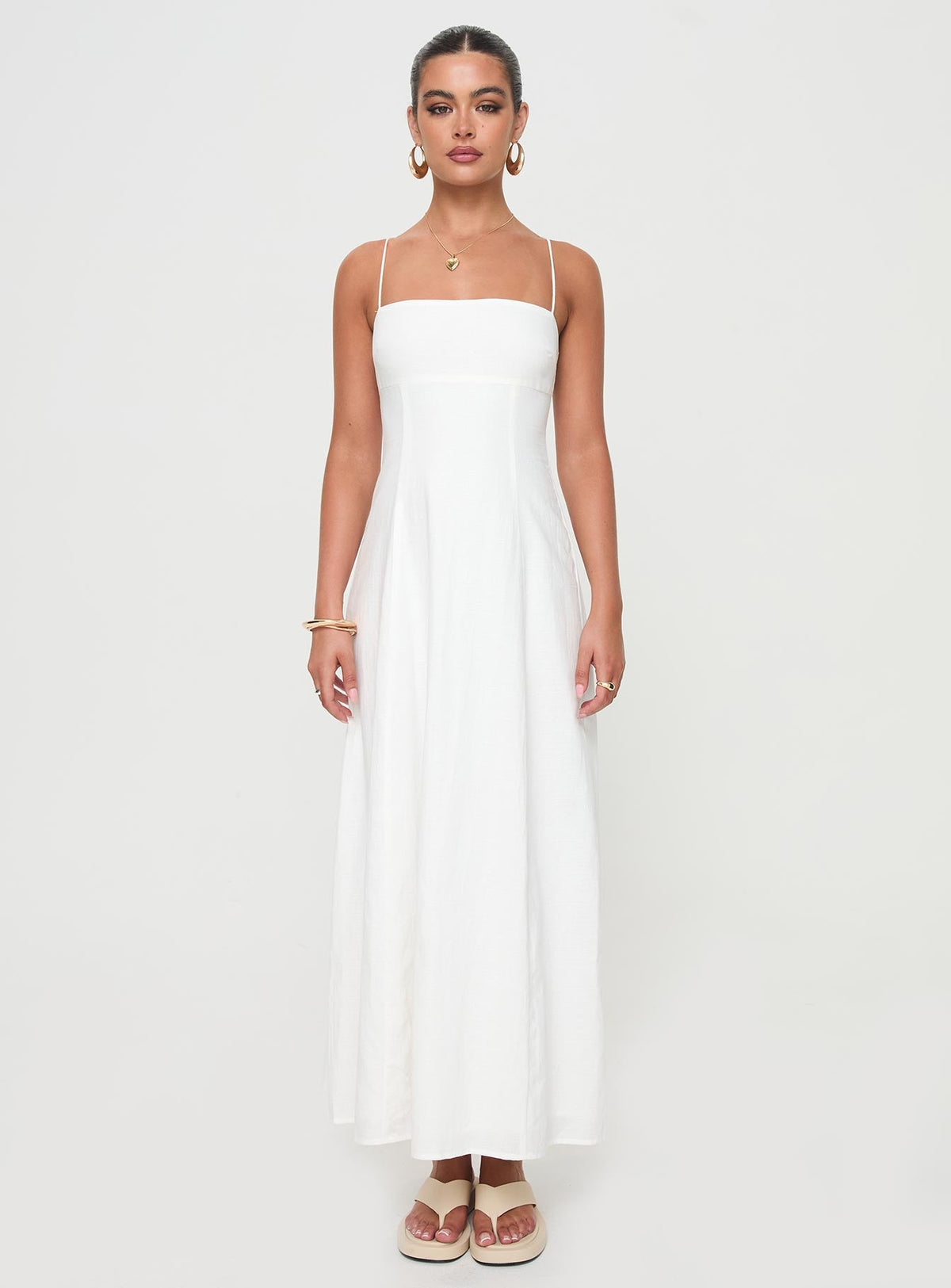 front view of model wearing Princess Polly Brightwell Maxi Dress White Square Neck 