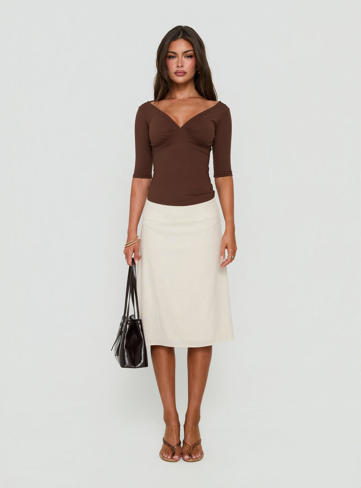 Daily Define Carmen-Top mit V-Ausschnitt, Braun