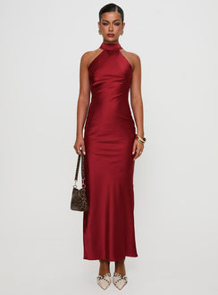 front view of model wearing Princess Polly Mordecai Halter Maxi Dress Burgundy High Neck 