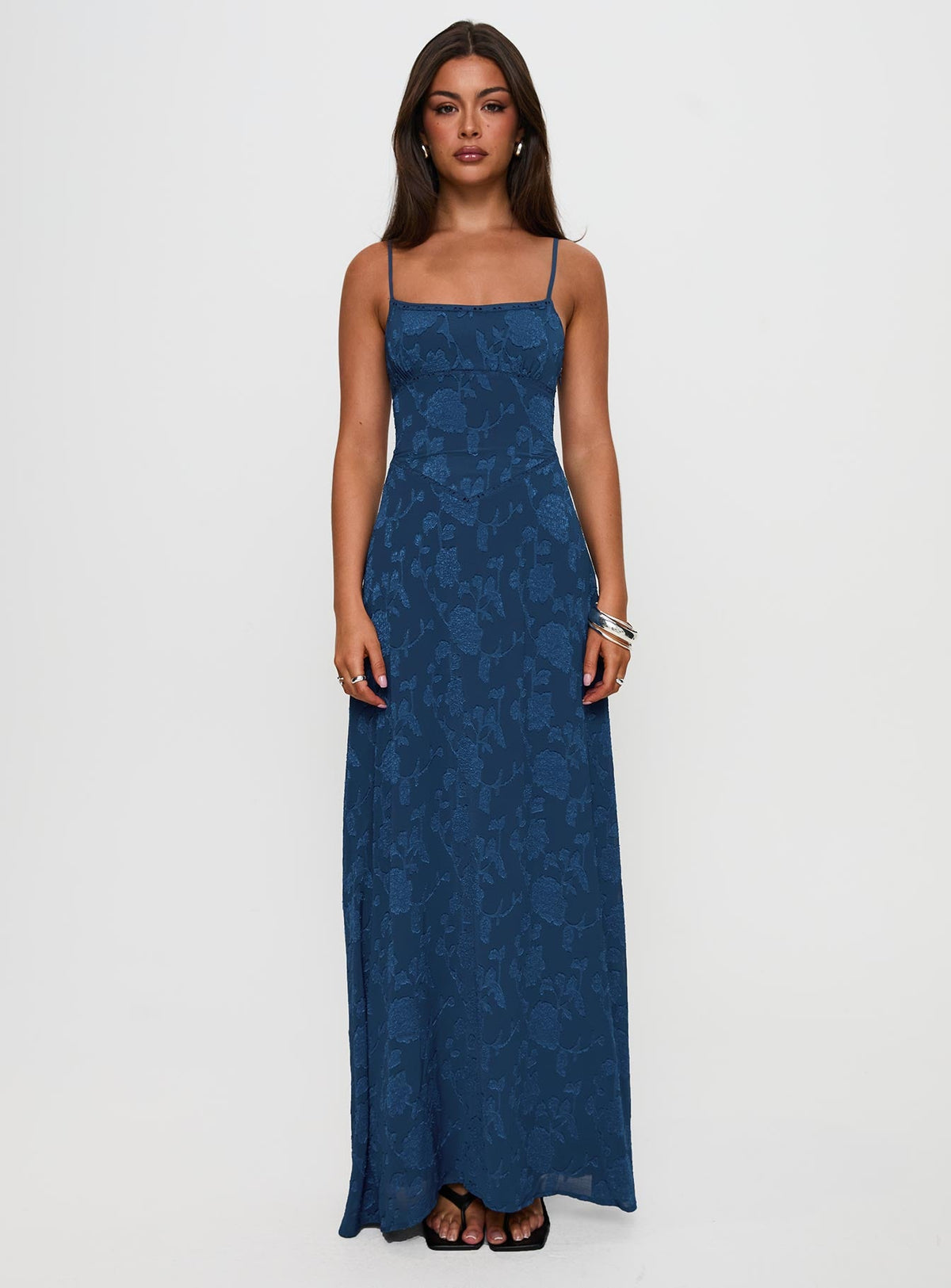 front view of model wearing Princess Polly South Of France Maxi Dress Navy Square Neck 