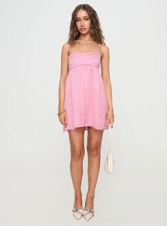 front view of model wearing Princess Polly Ortega Mini Dress Pink Square Neck 