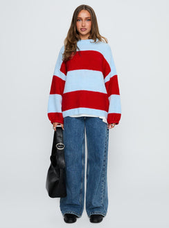 front view of model wearing Princess Polly Bastien Crew Neck Knit Sweater Blue / Red 