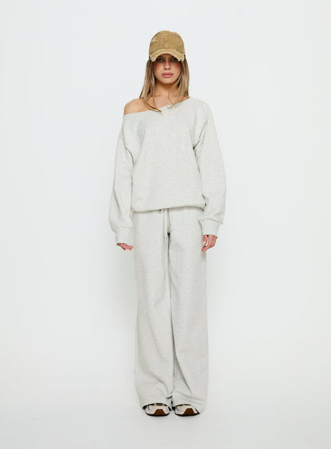 front view of model wearing Princess Polly Wellness Off the Shoulder Jumper Grey Marle Jumpers 