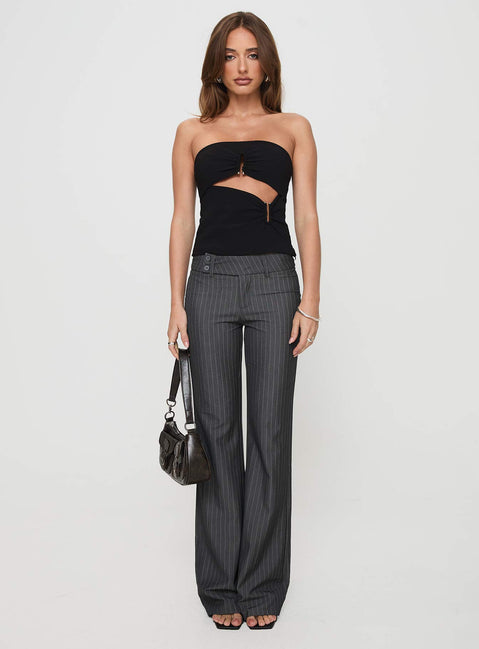 front view of model wearing Princess Polly Kinkirk Flared Pants Grey Pinstripe Low Rise Pants 