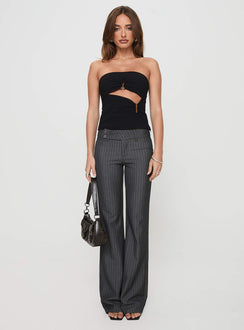 front view of model wearing Princess Polly Kinkirk Flared Pants Grey Pinstripe Petite 