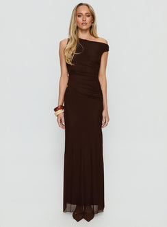 Krystyna Off-Shoulder Maxikleid mit Raffung Schokobraun