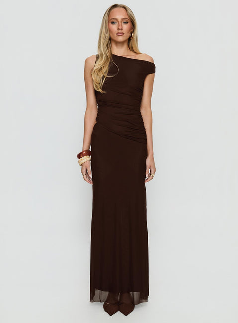 Krystyna Off-Shoulder Maxikleid mit Raffung Schokobraun