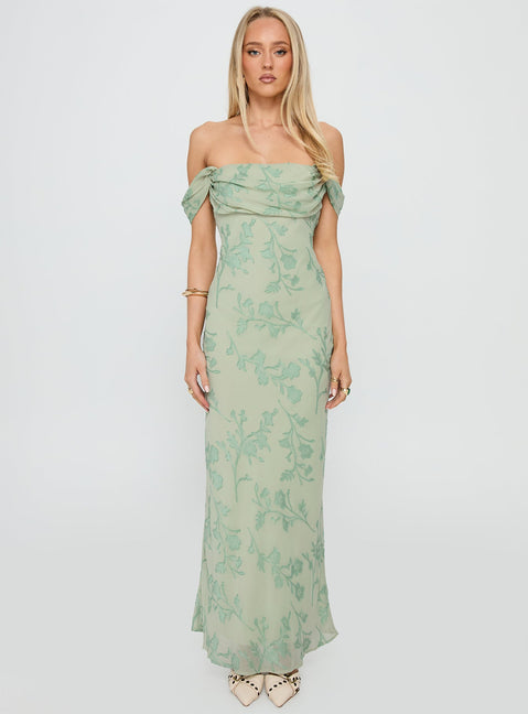 Azura Off The Shoulder Maxi Dress Green Burnout