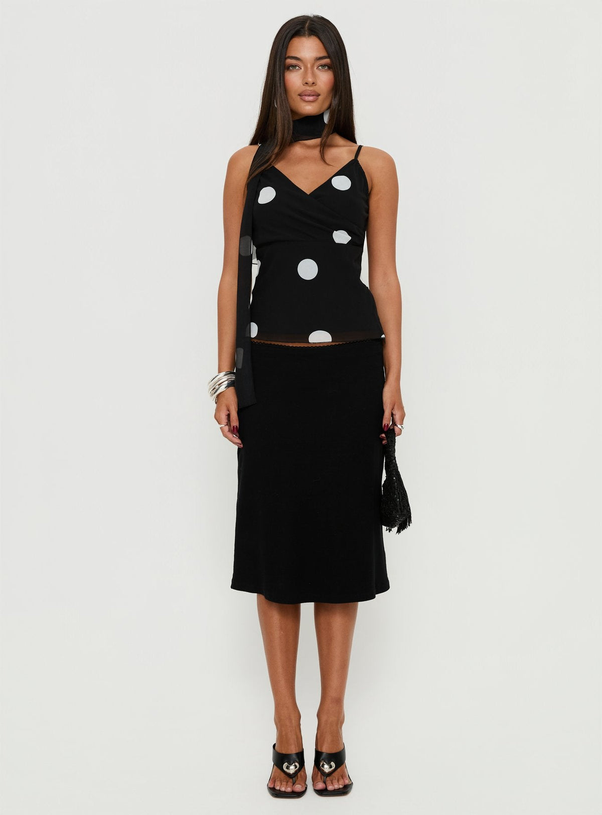 Jenae Schal Detail Cami Top Schwarz / Weiß Polka