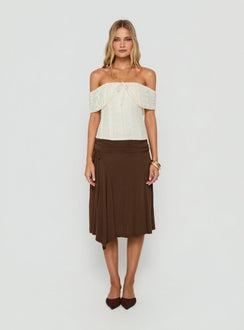 Featuring the Joaney Tie Side Jersey Midi Skirt Chocolate womens-skirts in midi length product Princess Polly