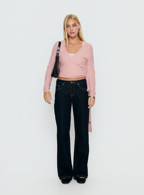 back view of model wearing Princess Polly Tonee Wrap Knit Cardigan Pink cropped Jumpers 