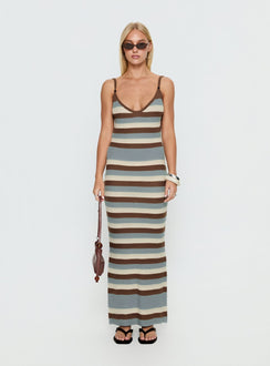 Leylana Scoop Strick Maxikleid Blau / Braun gestreift