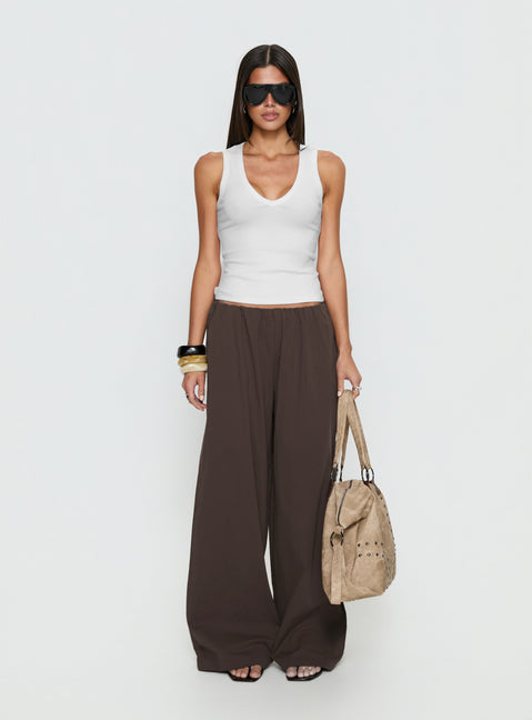 Featuring the Lunea Concealed Waistband Pants Brown in womens-regular-pants with mid-rise styling front view of model wearing Princess Polly