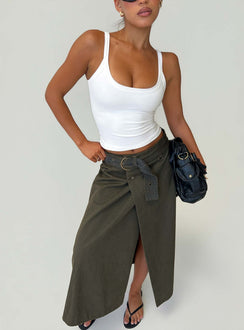 Styled True Visions Belted Maxi Skirt Charcoal womens-skirts in dark olive green maxi length Princess Polly