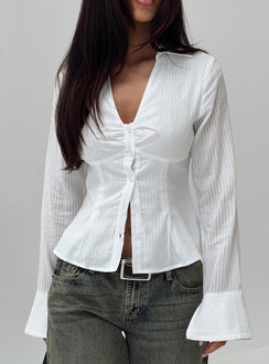front view of model wearing Princess Polly Elowenn Long Sleeve Top White Full Sleeves V-Neck 
