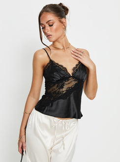 Annamari Satin-Spitzen-Cami-Top Schwarz