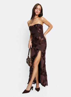 Maribeth trägerloses Maxikleid mit Blumenmuster Schokobraun