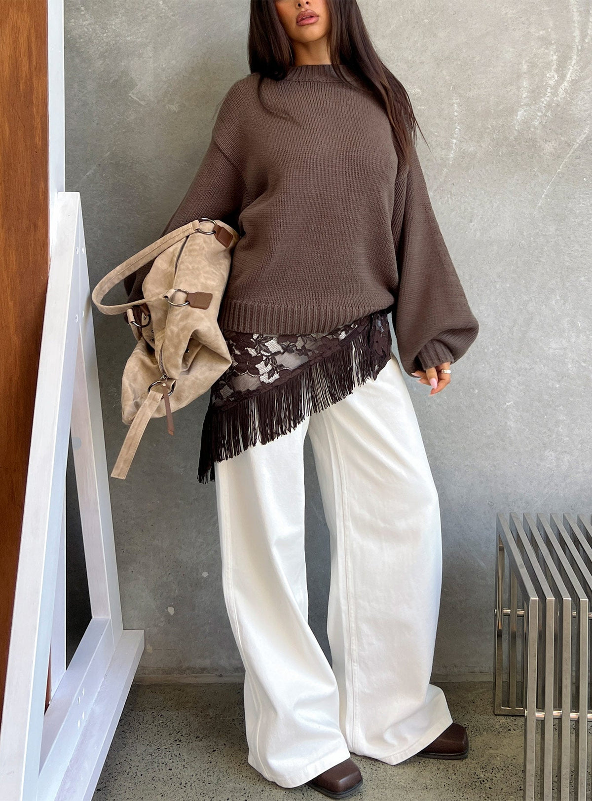 Harmony Ballonärmel Strickpullover Dunkelbraun