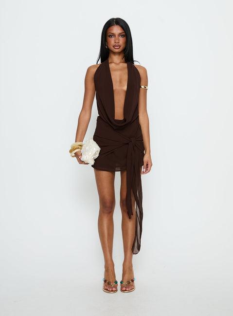 Snakepit Neckholder Plunge Minikleid Schoko