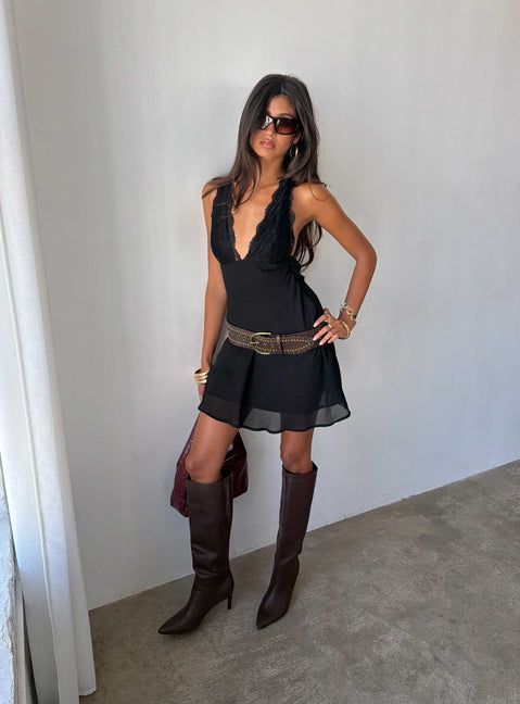 Edeni Mini-Neckholderkleid mit Spitze, Schwarz